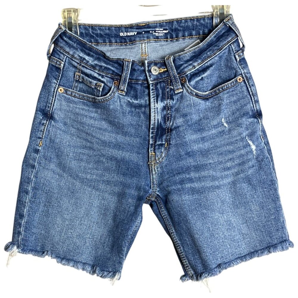 Old Navy Jean Shorts 7" Denim High Rise Straight Distressed Raw Hem Womens 2